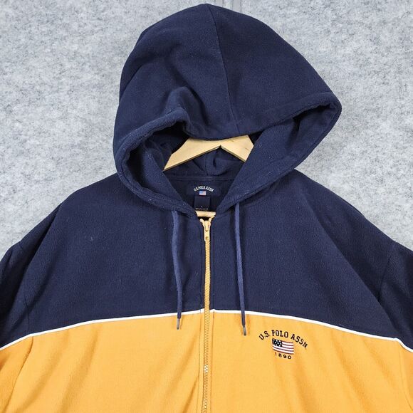 US Polo Assn Men's Fleece‎ Hooded Jacket Size L Blue & Yellow Full Zip Polyester - Picture 2 of 11